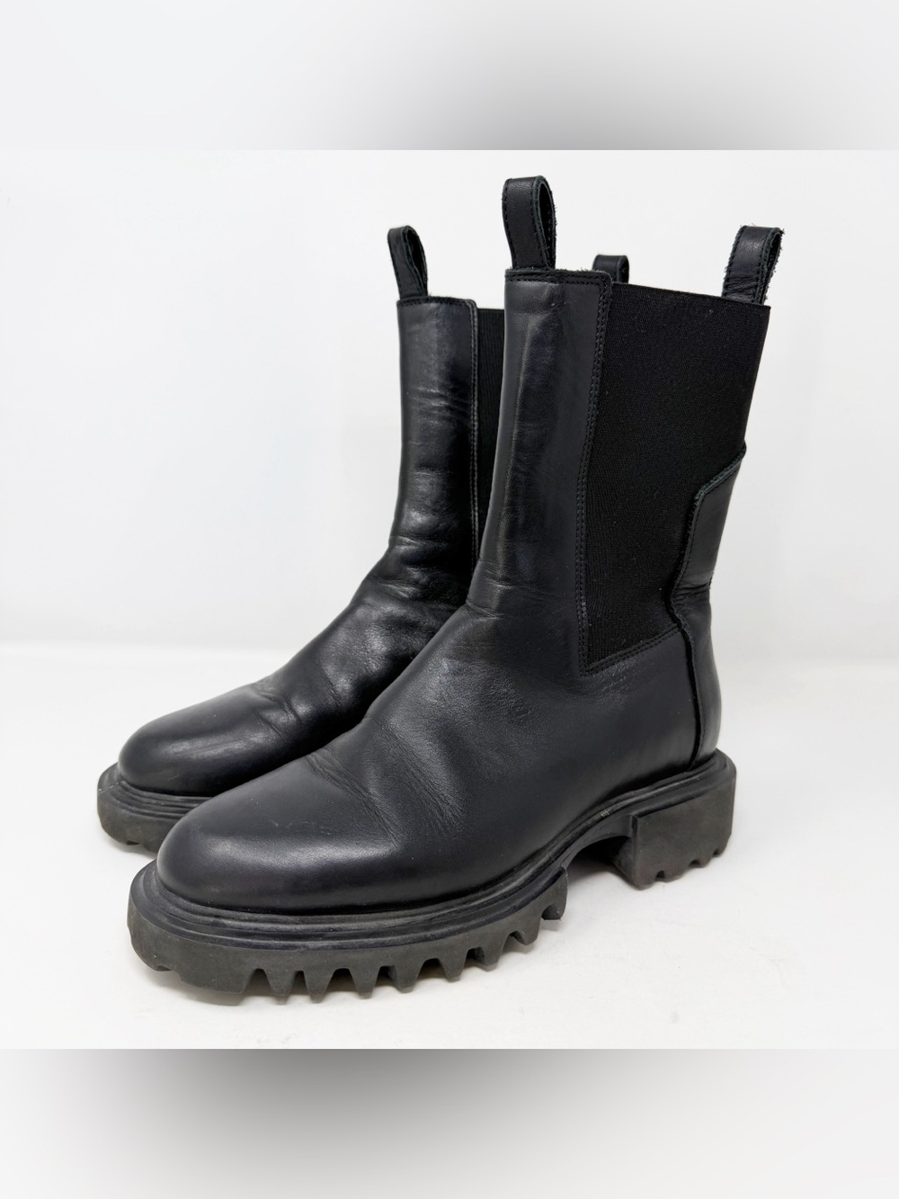 AllSaints HALLIE Black Leather Chelsea Boots Chunky Pull On Size 8 Biker Goth